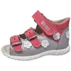 Kép 1/4 - Ezüstszínű Asso kislány bőr szandál pink lakkozott pánttal, fehér virágdíszekkel és tépőzárral