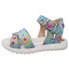 Kép 1/4 - Világoskék alapszínű, színes virágmintás Asso kislány szandál nyitott sarokkal, fehér talppal és csattal