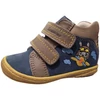 Kép 1/4 - Sötétkék-barna Szamos kisfiú bőrcipő hímzett repülős nyuszi mintával és sárga kontrasztvarrással