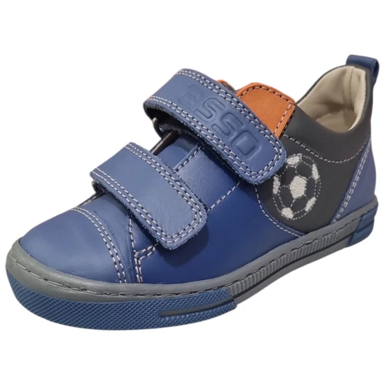 Kék és szürke Asso kisfiú bőrcipő hímzett focilabda mintával, narancssárga nyelvvel és dupla tépőzárral