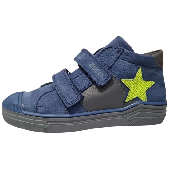 Sötétkék magas szárú Asso fiú bőrcipő oldalán neon zöld csillaggal és tripla szürke tépőzárral