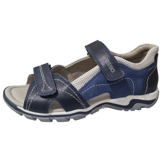 Sötétkék Asso fiú bőrszandál dupla tépőzárral, szürke lyukacsos díszítéssel és rugalmas talppal