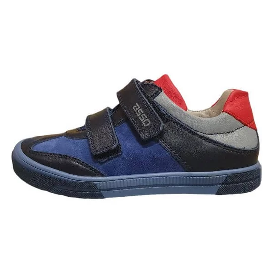 Sötétkék-fekete Asso fiú bőr cipő piros sarokbetéttel, dupla tépőzárral és szürke-kék talppal