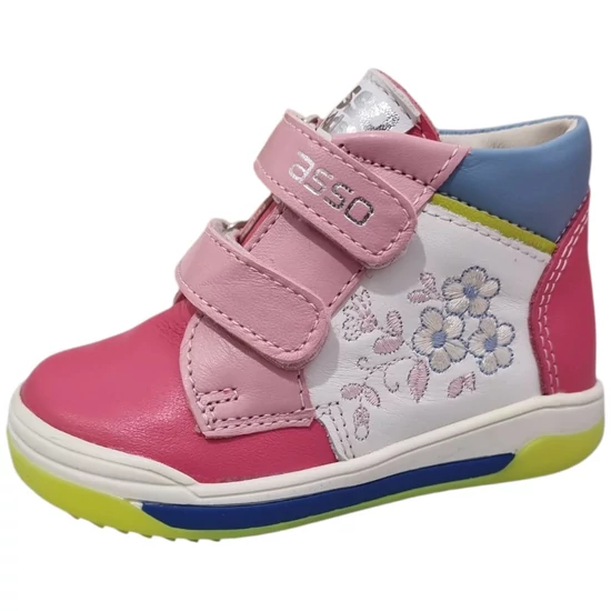 Többszínű Asso kislány bőr cipő hímzett virágmintával, dupla tépőzárral és színes, hajlékony talppal