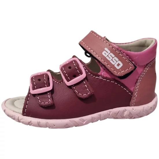 Bordó és mályva színű Asso kislány bőrszandál tépőzárral, csatokkal és hímzett méhecskés sarokrésszel