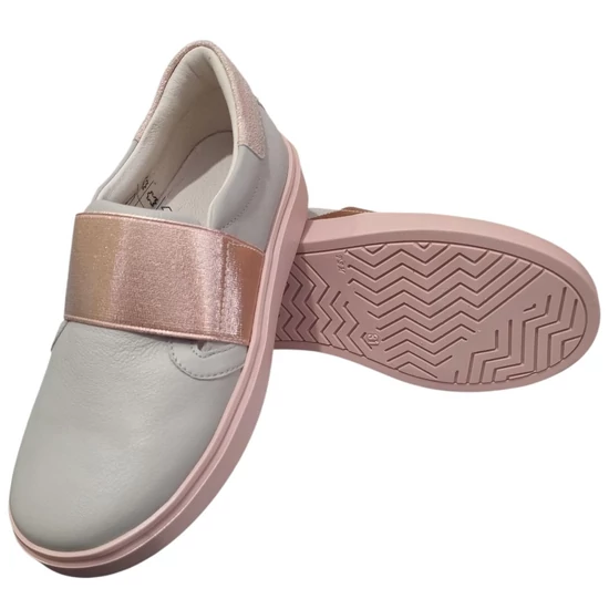 Ezüstszürke Asso lány bőr cipő rosegold gumipánttal és rózsaszín gumitalppal, belebújós kivitelben