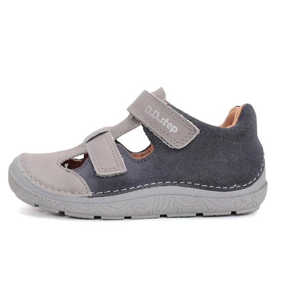Sötétkék és szürke DDStep barefoot kisfiú bőr cipő dupla tépőzárral és hajlékony szürke talppal