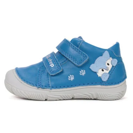Világoskék DDStep kisfiú első lépés cipő kék bagoly mintával, szürke orral és dupla tépőzáras pántokkal