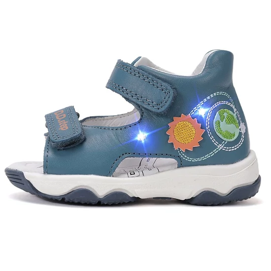D.D.Step kisfiú sötétkék bőr szandál világító nap és föld mintával és dupla tépőzárral