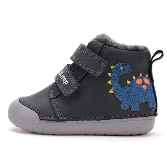 Sötétkék D.D.Step fiú téli bakancs dinoszaurusz hímzéssel és meleg bundás béléssel