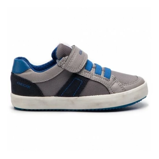 Szürke és sötétkék Geox sneaker kék rugalmas fűzővel, tépőzárral és fehér talppal