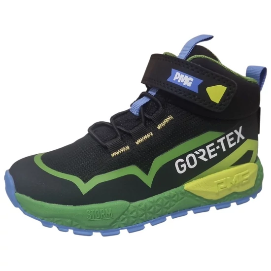 Fekete és élénkzöld Primigi fiú vízálló Gore-Tex bakancs kék részletekkel, tépőzárral és csúszásmentes talppal