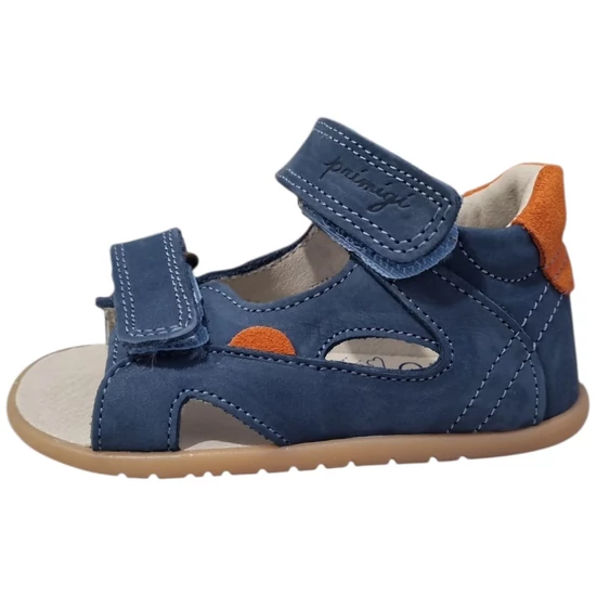 Sötétkék Primigi kisfiú barefoot bőr szandál narancssárga sarokdísszel és dupla tépőzárral