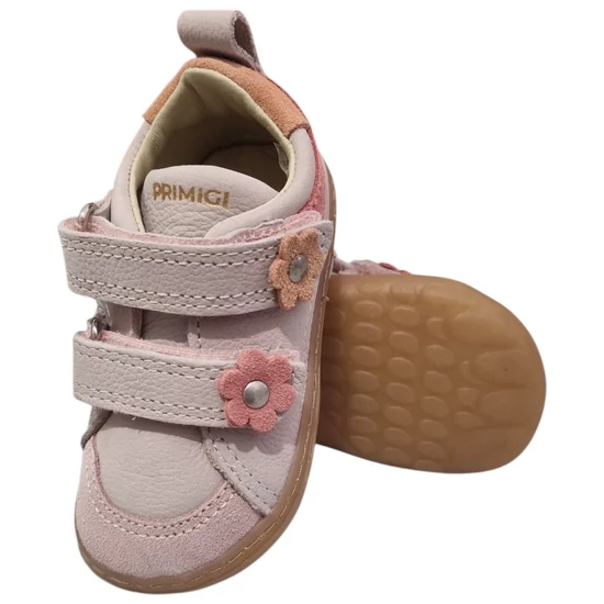 Pasztellrózsaszín Primigi kislány bőr cipő virágos tépőzárral, mályva színű betétekkel és hajlékony mézszínű talppal