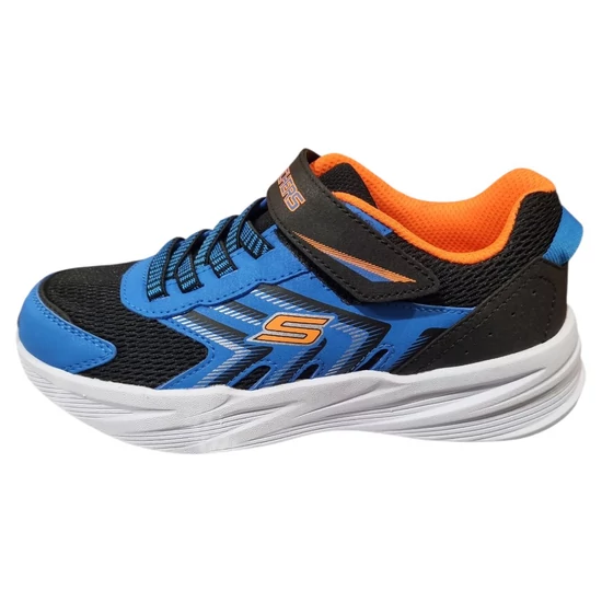 Fekete és kék Skechers kisfiú sportcipő narancssárga béléssel, narancs 'S' logóval és fehér talppal