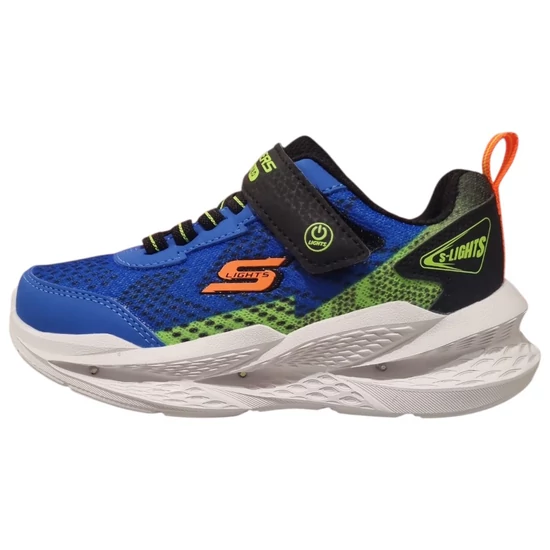 Kék és zöld Skechers Meteor-Lights kisfiú sportcipő világító talppal, narancssárga S logóval és be/ki kapcsolós tépőzárral