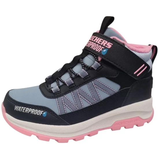 Fekete, világoskék és rózsaszín Skechers Waterproof vízálló lány téli bakancs tépőzárral, meleg béléssel és rózsaszín barázdált talppal