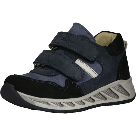 Sötétkék-fekete Szamos fiú bőrcipő fehér díszcsíkkal, dupla tépőzárral és modern barázdált talppal