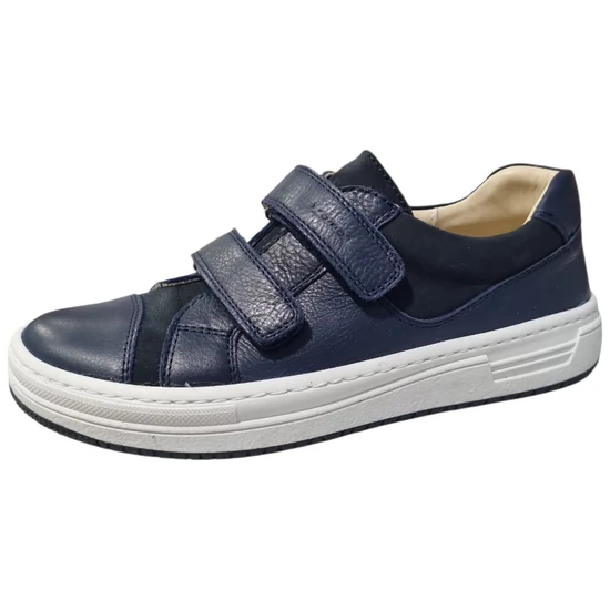 Sötétkék Szamos fiú bőrcipő fehér talppal, dupla tépőzárral és bőr felsőrésszel