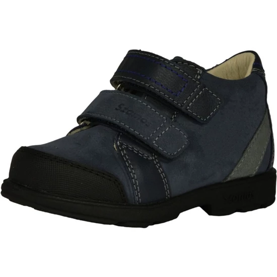 Sötétkék Szamos supinált fiú cipő megerősített fekete orral, szürke sarokdíszítéssel és dupla tépőzáras pántokkal