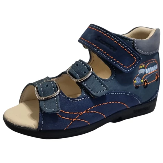 Sötétkék Szamos supinált kisfiú szandál színes busz hímzéssel és narancssárga dísztűzéssel
