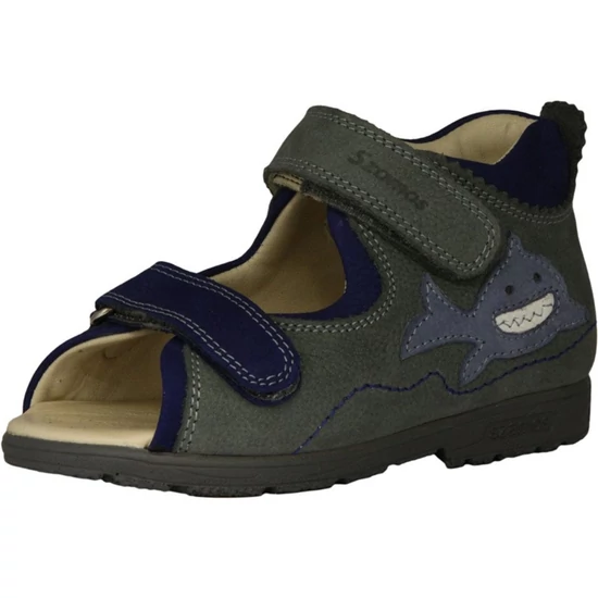 Sötétszürke és kék Szamos supinált kisfiú szandál hímzett cápa motívummal és tépőzáras pántokkal