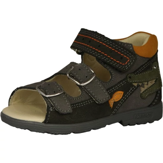 Antracit-szürke Szamos supinált kisfiú szandál hímzett zöld krokodillal, csatos és tépőzáras pántokkal