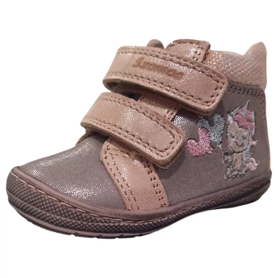 Homokszínű Szamos kislány bőrcipő csillogó rózsaszín pántokkal és hímzett unikornis mintával