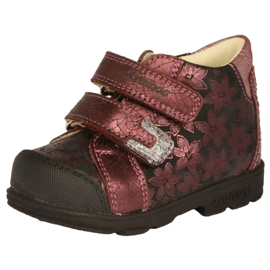 Bordó virágmintás supinált Szamos kislány bőrcipő fekete orrvédővel és tépőzárral
