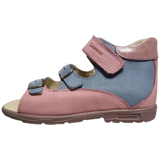 Szamos supinált kislány szandál rózsaszín és csillogó kék bőrből, csatos és tépőzáras pántokkal