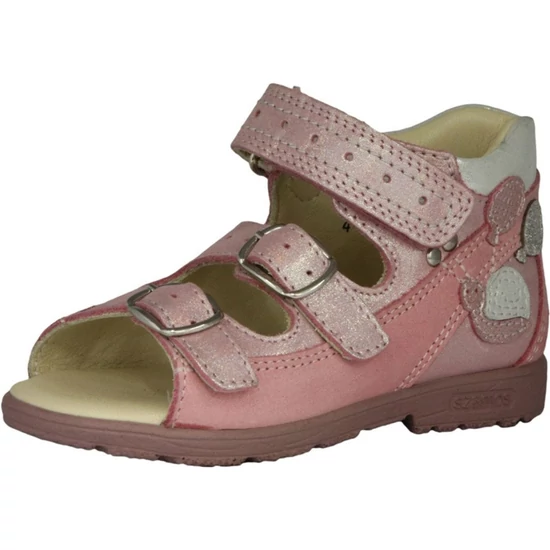 Pasztell rózsaszín Szamos supinált kislány szandál ezüst pántokkal, hímzett csigával és dupla csatos-tépőzáras rögzítéssel.