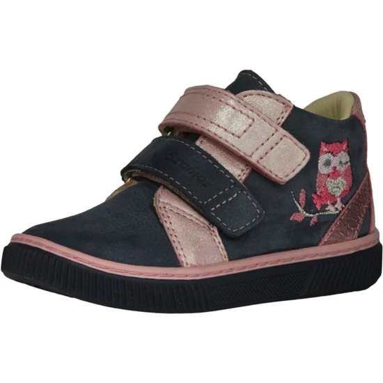 Sötétkék Szamos kislány bőrcipő hímzett rózsaszín bagollyal, csillogó rózsaszín tépőzárakkal és sportos sötét talppal