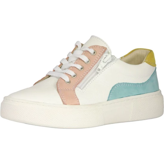 Fehér Szamos lány bőr cipő pasztell színű betétekkel, fehér fűzővel és oldalsó cipzárral