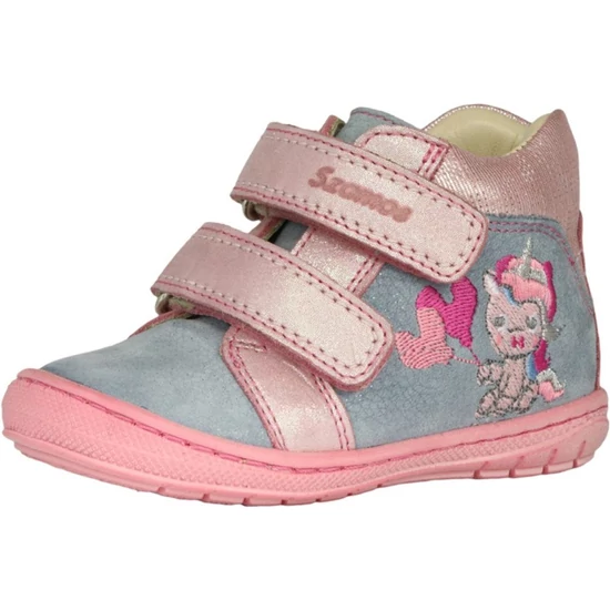 Sötétkék Szamos kislány első lépés cipő hímzett unikornissal, csillogó pink tépőzáras pántokkal és rózsaszín talppal