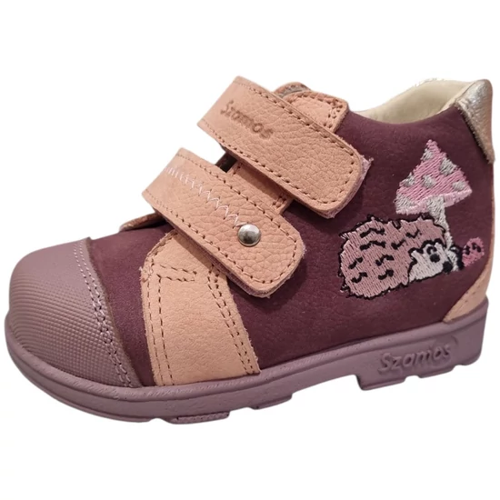 Mályva színű Szamos supinált kislány cipő hímzett sünivel és gombával, pink orrvédővel és dupla tépőzárral