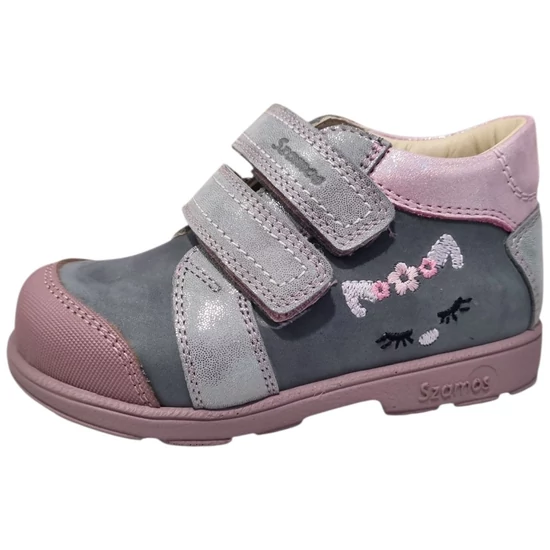 Szürke Szamos supinált lány cipő pink orrvédővel, hímzett állatfigurával és két tépőzárral