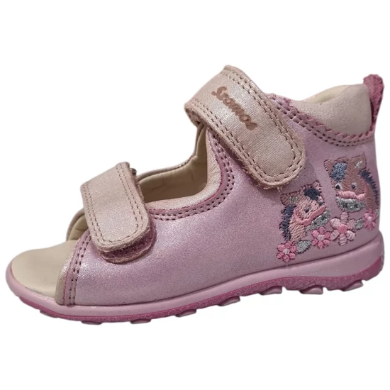 Csillogó mályva színű Szamos kislány bőr szandál hímzett póni figurákkal és dupla tépőzárral