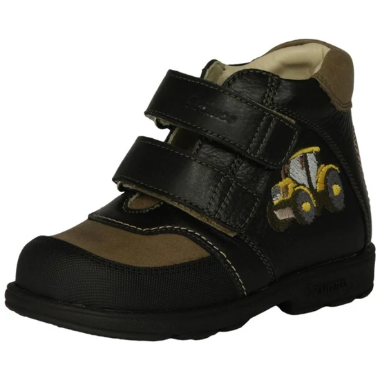 Fekete és barna Szamos supinált fiú bőrbakancs sárga traktoros hímzéssel