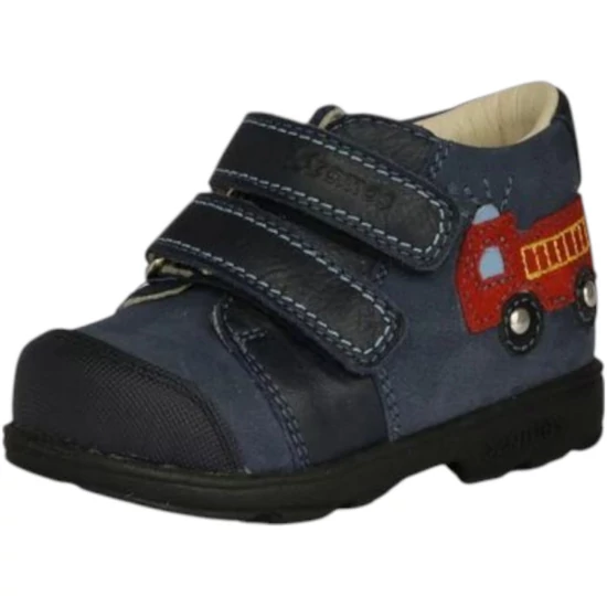 Sötétkék Szamos supinált fiú bőrcipő piros tűzoltóautó mintával
