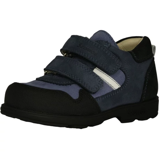 Sötétkék Szamos supinált fiú bőr cipő fehér díszítéssel, dupla tépőzárral és döntött sarkú talppal