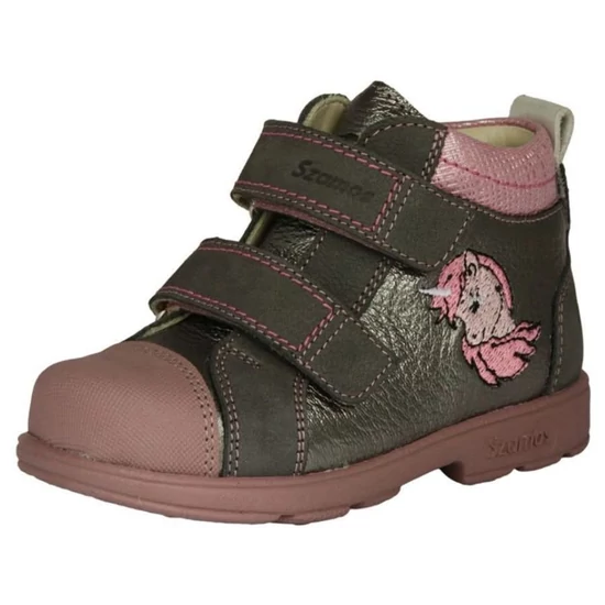 Bronz és rózsaszín Szamos supinált kislány bőrcipő unikornis mintával