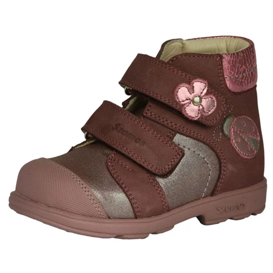 Bordó és rózsaszín Szamos supinált lány bőrcipő virág és katica díszítéssel