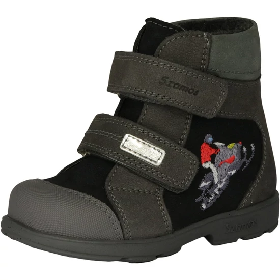 Fekete és szürke Szamos supinált SzamTEX téli fiú bakancs snowboardos hímzéssel