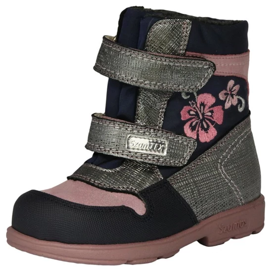 Sötétkék és rózsaszín Szamos supinált SzamTEX téli lány csizma virághímzéssel és csillogó pántokkal