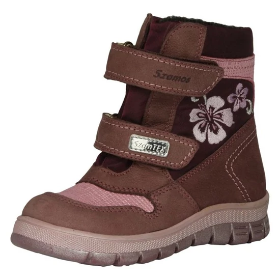 Bordó és rózsaszín Szamos SzamTEX téli lány csizma virághímzéssel