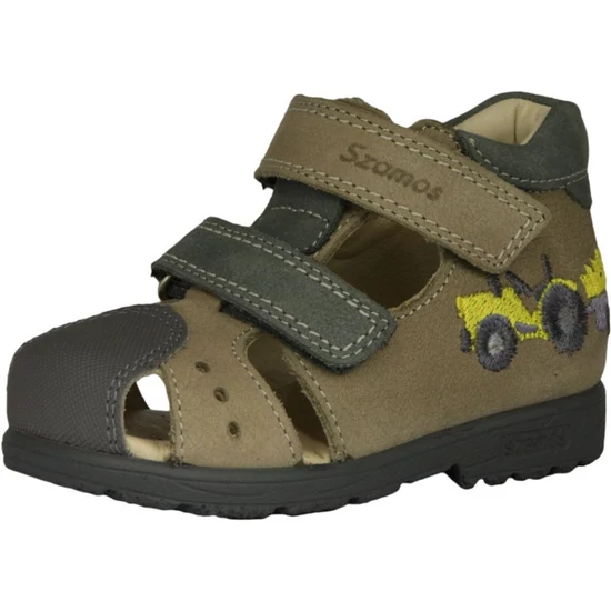 Barna Szamos supinált kisfiú szandál sárga hímzett traktorral, zárt orral és dupla tépőzáras pántokkal