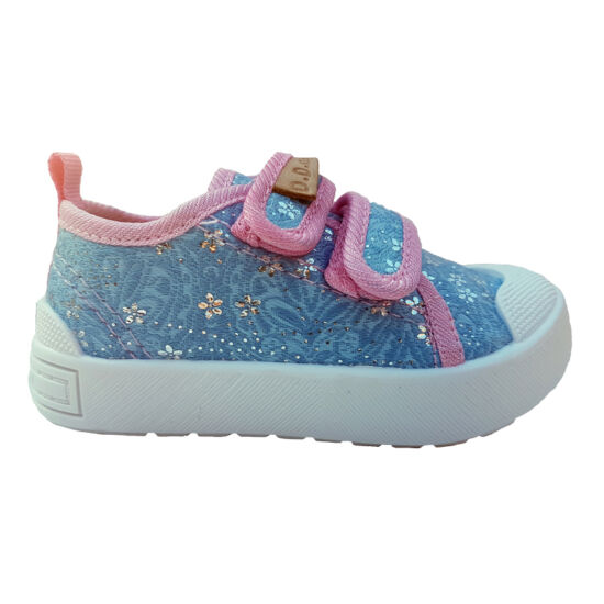 Ég kék , pink, csillogós virágos DD Step kislány vászoncipő, benti ovis cipő