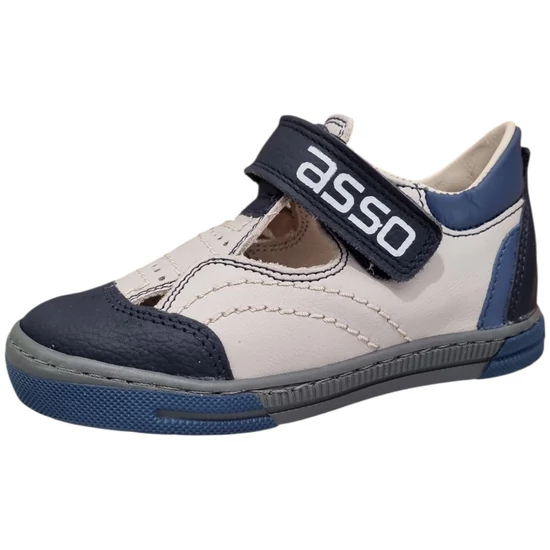 Sötétkék-bézs Asso fiú bőr szandálcipő tépőzárral, zárt orral és kék gumitalppal
