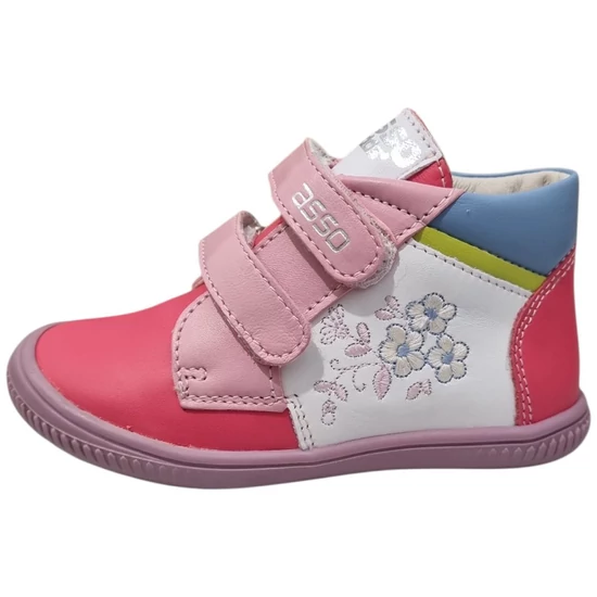 Pink és fehér Asso kislány bőr cipő kék virágos hímzéssel, dupla tépőzárral és lila talppal
