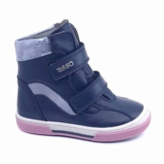 Sötétkék Asso Tex lány téli csizma ezüst díszítéssel és rózsaszín talppal
